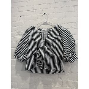 Frame Denim Puff Sleeve V-Neck Navy White Multi Namu Striped Blouse Size S